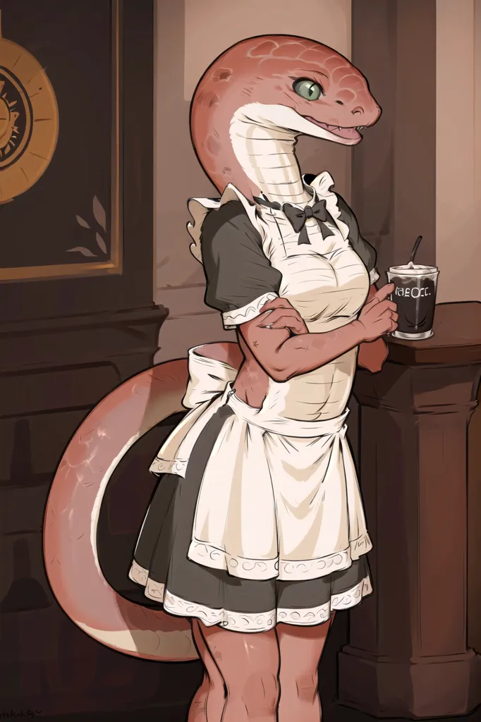 The image is of a snake person with green eyes and pink scales wearing a black and white maid outfit. The outfit consists of a dress with a white collar and a black bow tie, and a white apron. The snake person is also wearing black stockings and brown shoes. The snake person is standing in front of a wooden counter. On the counter is a glass with a straw. The snake person is holding the glass with both hands and is looking at the camera with a smug expression on its face.