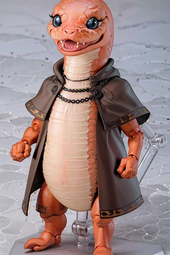 The image shows a figure of a reptilian creature. It has orange scales, a long forked tongue, and blue eyes. It is wearing a brown cloak with a white collar and brown boots. The cloak is fastened with three buttons. The creature is standing on a clear plastic stand.