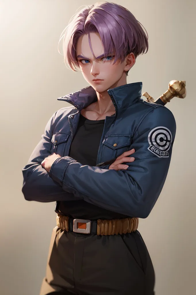 The image shows a young man with short purple hair and blue eyes. He is wearing a black shirt, a blue jacket with a Capsule Corp logo on the sleeve, and a brown belt. He has a serious expression on his face and is looking at the viewer with his arms crossed.