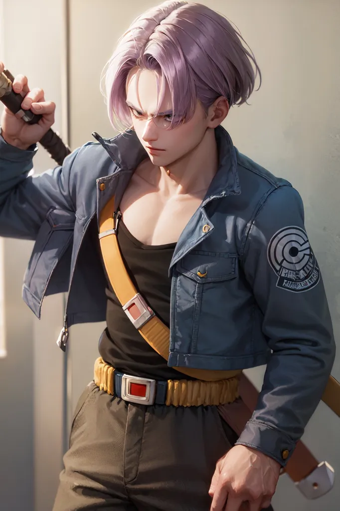 The image contains a young man with spiky lavender hair and purple eyes. He is wearing a blue jacket with a yellow Capsule Corporation logo on the sleeve, a black tank top, and khaki pants. He is also wearing a brown belt with a red buckle and a yellow sash. He is holding a sword in his right hand. He has a serious expression on his face.