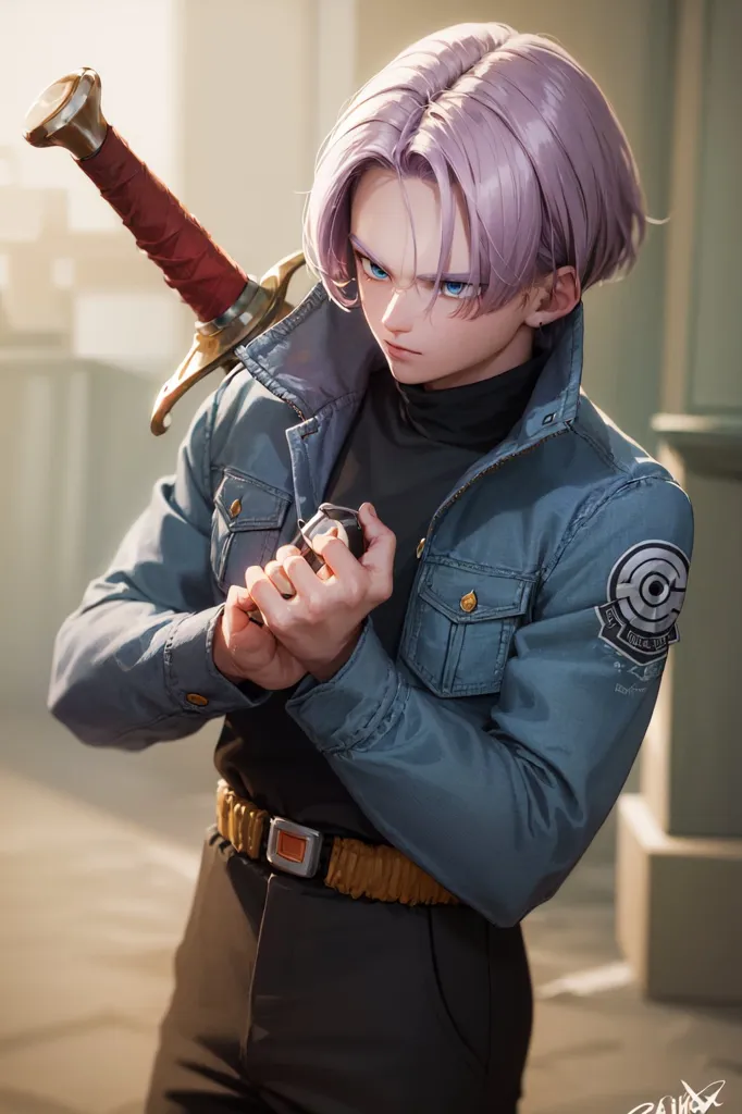 The image shows a young man with short purple hair and blue eyes. He is wearing a blue jacket with a white turtleneck sweater underneath. He has a sword on his shoulder and is holding a small object in his hands. He has a serious expression on his face.