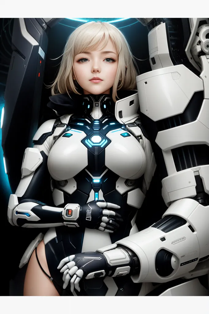 The image is a digital painting of a beautiful woman with blonde hair and blue eyes. She is wearing a white and black bodysuit with a blue light in the center of her chest. She is standing in front of a large white and black robot. The robot has its hand on her shoulder. The woman is looking at the viewer with a serious expression. The painting is done in a realistic style and the details are very well rendered.