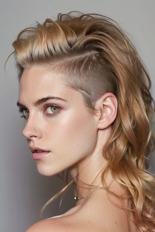 The image shows a young woman with a blonde mullet. The hair on top of her head is long and wavy, while the hair on the sides and back of her head is shaved. The woman has fair skin and green eyes. She is wearing a white shirt.