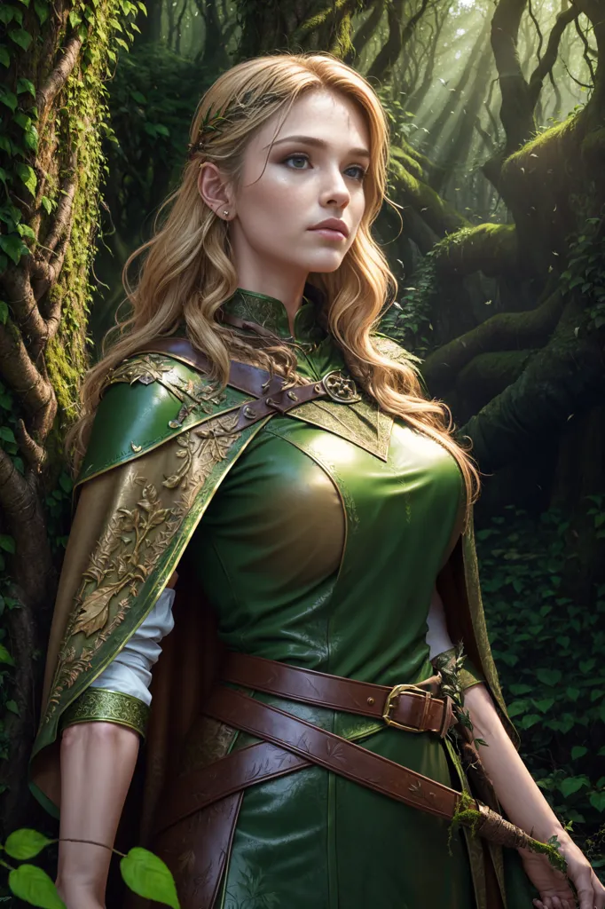 Esta imagem mostra uma mulher em pé em uma floresta exuberante. Ela está usando um corpete de couro verde com detalhes dourados e cintos de couro marrom. Ela tem uma camisa branca por baixo do corpete. Ela também está usando uma capa verde forrada de pele. A mulher tem cabelos loiros longos e olhos azuis. Ela está olhando para a direita do quadro.