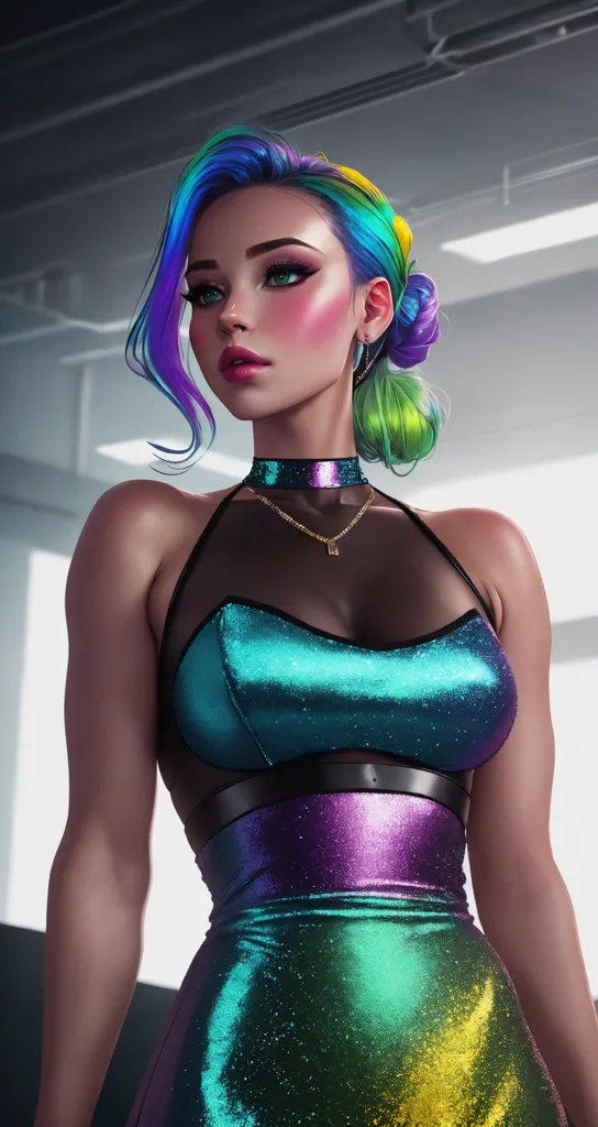 The image shows a woman with rainbow-colored hair. She is wearing a shiny blue and purple outfit. She is looking at the viewer with a serious expression. She has light pink blush on her cheeks and dark purple eyeshadow. There is a small gold necklace around her neck.