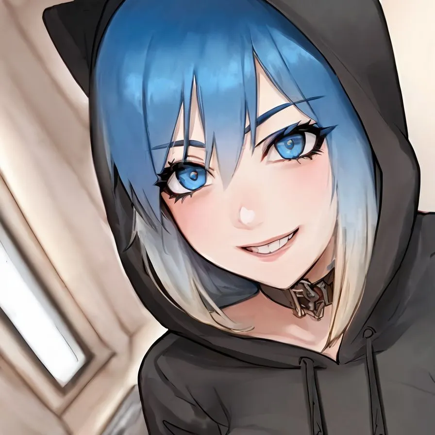 The image is a digital painting of a young woman with cat ears. She has blue hair, blue eyes, and a friendly smile. She is wearing a black hoodie with cat ears on the hood. The image is drawn in a realistic style, and the artist has paid close attention to detail. The woman's expression is one of happiness and contentment, and she seems to be enjoying herself. The image is likely drawn from the artist's imagination, and it is not based on any real person.