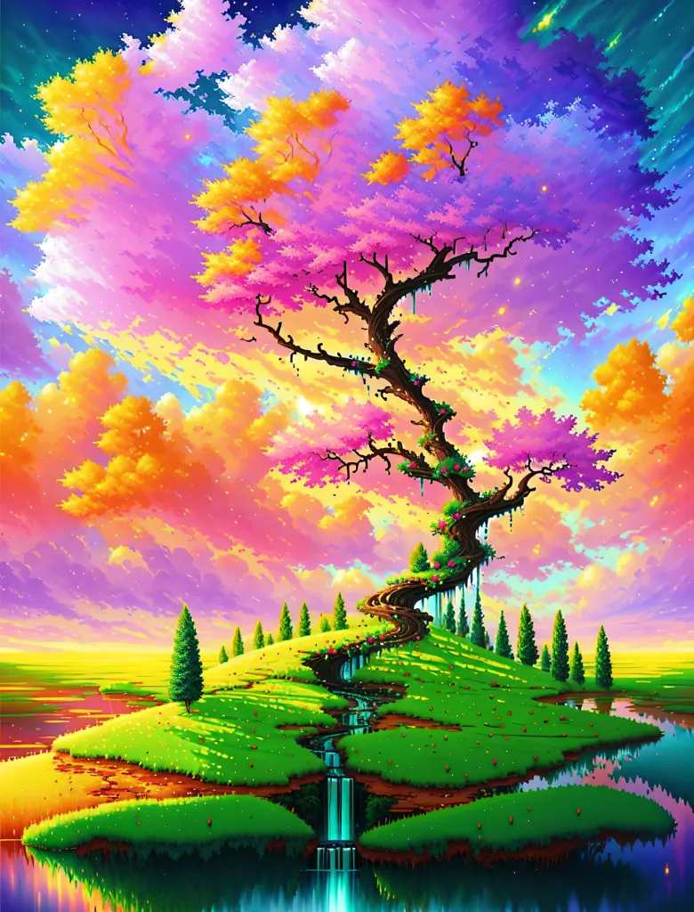 The image is a surreal and colorful landscape. A large, twisted tree with pink and purple leaves stands in the center of a green field. The sky is a vibrant mix of pink, orange, yellow, and blue, and the clouds are fluffy and white. There is a river flowing through the middle of the island that the tree is on. There are also several small islands surrounding the main island. The image is full of bright colors and has a dreamlike quality.