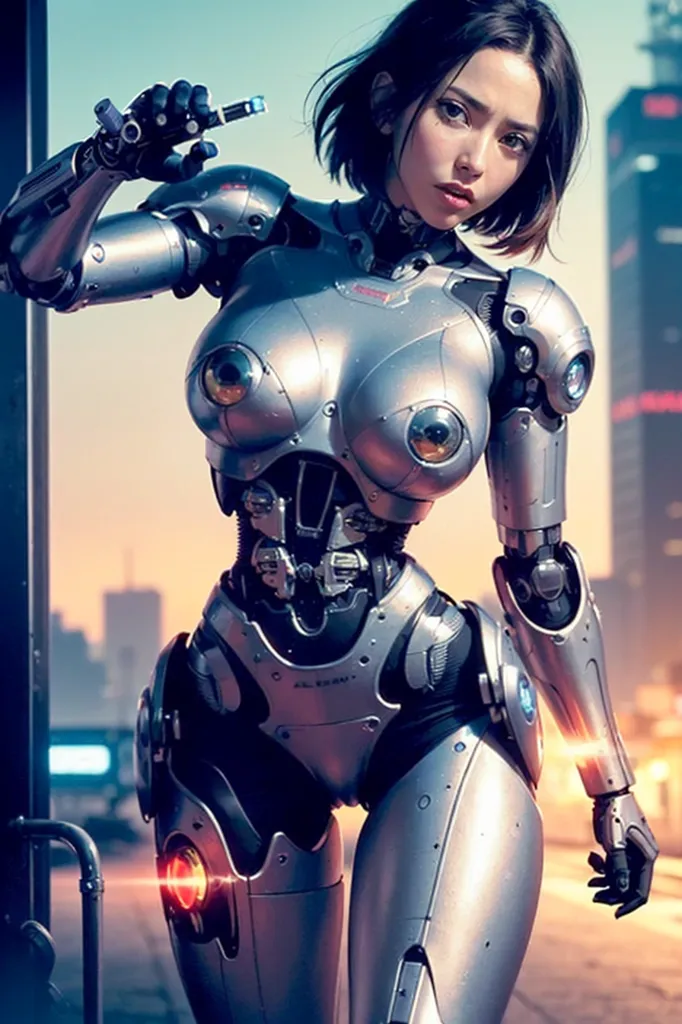 This is an image of a female robot. She has light brown hair and brown eyes. She is wearing a silver-colored bodysuit. The bodysuit has a lot of detail, including various mechanical parts. She is also wearing a pair of black boots. The robot is standing in a city. There are buildings and cars in the background. The sky is orange and the sun is setting.