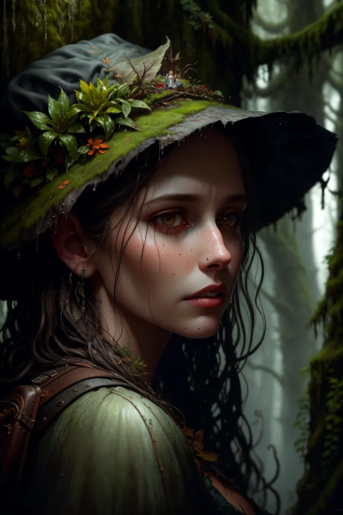 This image shows a beautiful woman, who appears to be a forest witch, with long, flowing brown hair and piercing brown eyes. She is wearing a large, dark green hat that is decorated with moss, leaves, and small red and yellow flowers. The hat is pulled down low over her head, and it casts a shadow over her face. She is wearing a dark green dress with a white camisole. The dress is trimmed with brown leather, and she is wearing a brown leather belt around her waist. She has a small brown leather bag hanging from her belt, and she is carrying a staff in her right hand. The staff is made of wood, and it is topped with a large, green crystal. The woman is standing in a dark, mossy forest, and she is surrounded by tall trees. The trees are covered in moss, and the ground is covered in leaves. There is a small stream running through the forest, and the woman is standing on the bank of the stream. The woman is looking off to the side, and she seems to be lost in thought.