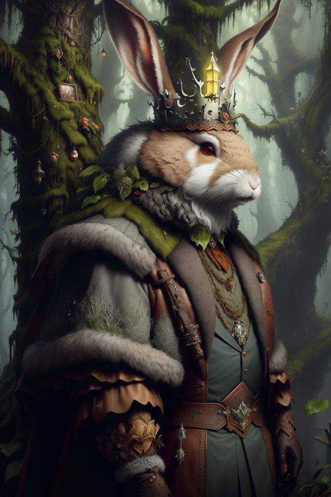 This image shows a rabbit wearing a golden crown and a green cape lined with fur. The rabbit is standing in a dark forest, and there is a large tree behind it. The rabbit has a serious expression on its face, and it is looking to the right of the frame.