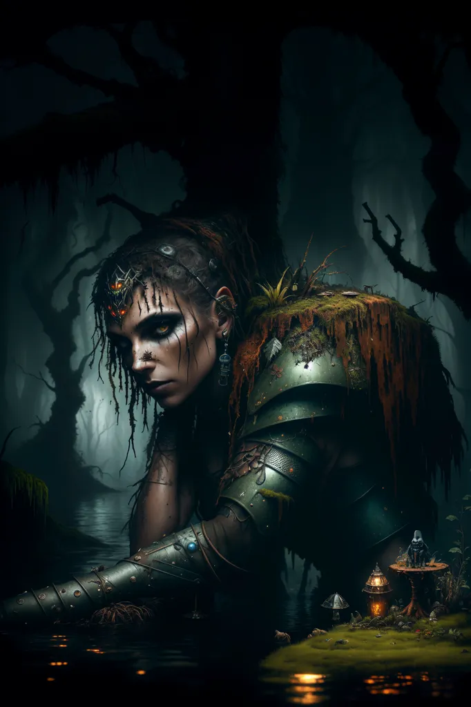 The image is a dark and mysterious swamp. The water is murky and green, and the trees are tall and twisted. In the foreground of the image, there is a woman. She is tall and slender, with long black hair. She is wearing a strange and otherworldly armor. Her skin is pale and her eyes are glowing orange. She has a large backpack on her back. In her right hand, she is holding a staff. The woman is standing in the water, and she is looking at the camera with a fierce expression. Behind her, there is a small creature. It is green and has large eyes. It is carrying a lantern. The creature is standing on a small patch of land, and it is looking at the woman with a curious expression.