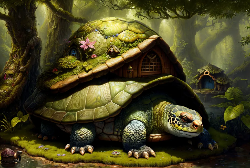 The image is a digital painting of a giant turtle with a house on its back. The turtle is standing in a lush forest, and there is a small pond to the left of it. The turtle's shell is covered in moss, flowers, and other plants, and the house is made of wood and has a thatched roof. The turtle is looking at the viewer with a friendly expression.