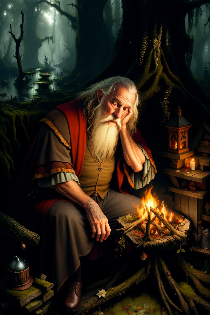 This image shows a man with long white hair and beard, wearing a red and brown tunic, sitting on a rock in a forest. He has a walking stick in his left hand and his right hand is resting on his cheek. There is a small fire in front of him and a lantern on a table to his right. The background of the image is a dark forest with a river running through it.