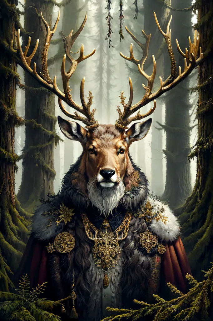 The image is a portrait of a deer with antlers. The deer is standing in a forest, and it is looking at the viewer. The deer has a golden crown on its head, and it is wearing a red cape. The deer's antlers are very large, and they are covered in leaves and flowers. The deer's fur is brown, and it has a white belly. The deer's eyes are brown, and they are very expressive. The image is very detailed, and the artist has used a variety of techniques to create a realistic and textured image.