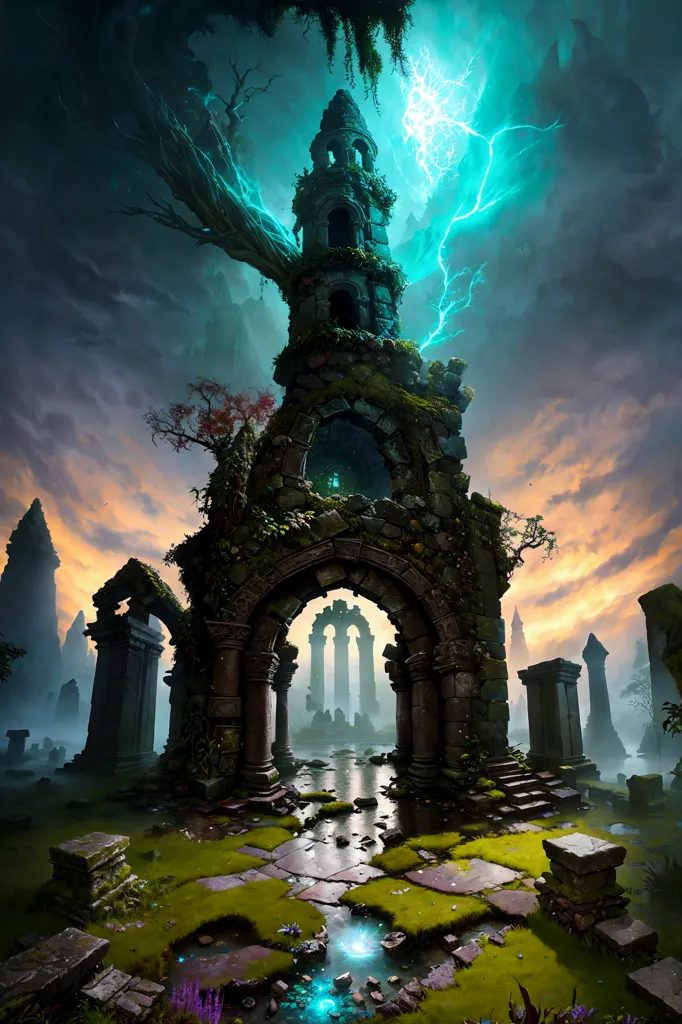 The image is a digital painting of a ruined tower. The tower is made of gray stone and has a large archway leading into it. The tower is surrounded by overgrown vegetation and there is a large tree growing out of the top of it. The sky is dark and stormy and there is a bolt of lightning striking the tower. The painting is very detailed and the artist has used a variety of techniques to create a realistic and atmospheric image.