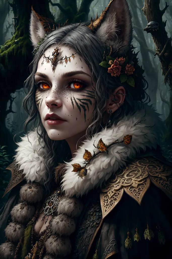 The image is of a beautiful woman with long silver hair, orange eyes, and pointed ears. She is wearing a fur coat and a headdress made of flowers and leaves. The woman is standing in a forest, and she is surrounded by trees and flowers. The image is very detailed, and the woman's expression is both intense and mysterious.