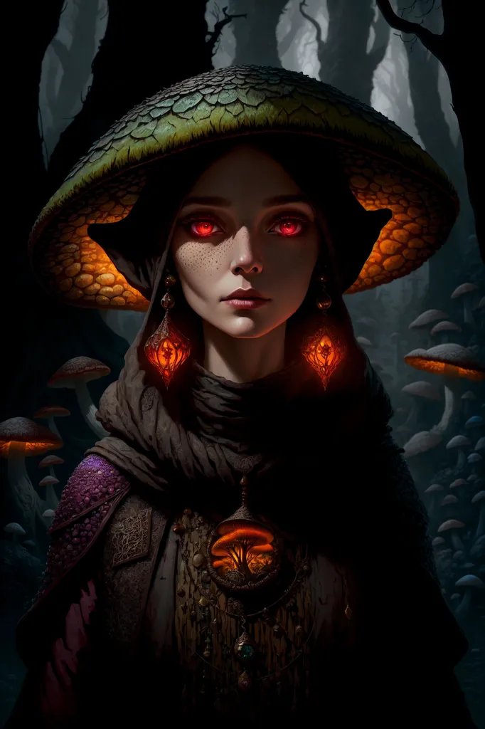 The image is of a woman wearing a mushroom-shaped hat. The hat is green and brown, and has a scalloped edge. The woman has red eyes and is wearing a black and purple scarf. She is also wearing a necklace with a mushroom-shaped pendant. The background is dark and there are mushrooms growing on the ground.