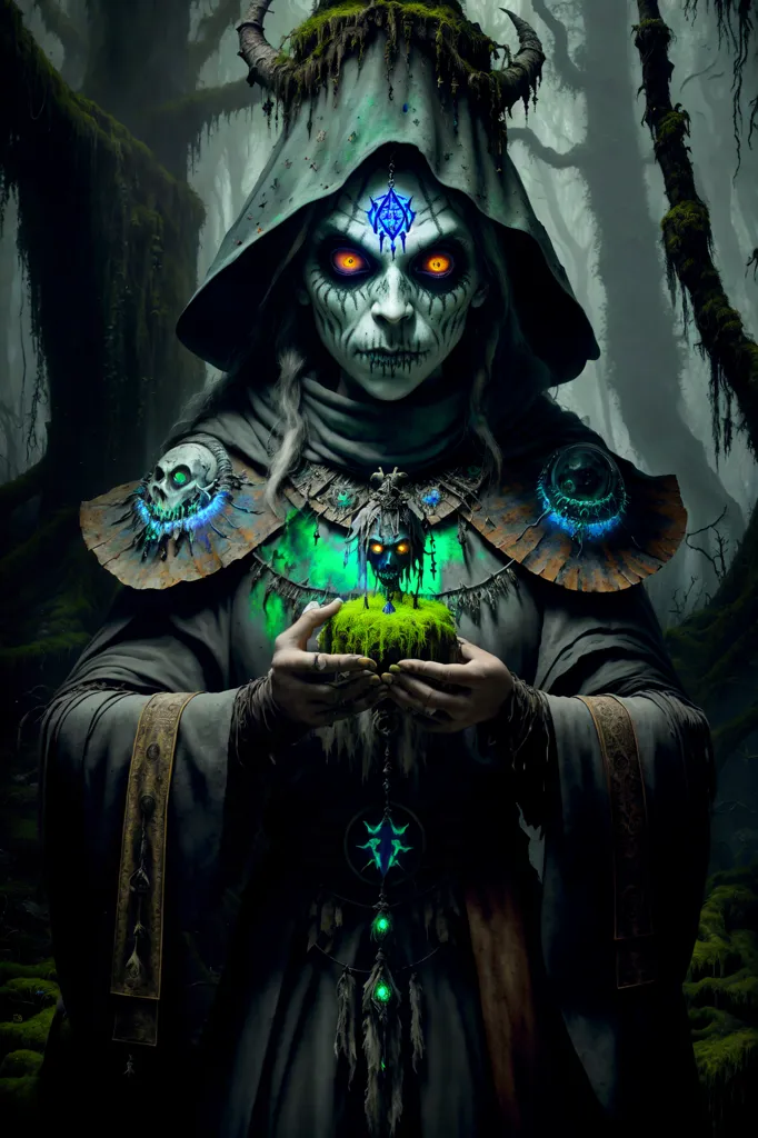 The image is of a dark figure in a forest. The figure is wearing a black robe with a hood and has glowing red eyes. The figure is also holding a skull in its hands. The forest is dark and gloomy, and the trees are bare. The only light comes from the glowing red eyes of the figure and the skull. The image is creepy and has a sense of foreboding.