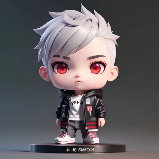 A imagem mostra uma renderização 3D de um personagem chibi. O personagem tem cabelos brancos e cinzentos, olhos vermelhos e está usando um casaco preto com detalhes vermelhos e brancos. O casaco tem uma camiseta branca com um design preto e vermelho. O personagem também está usando calças pretas e tênis vermelhos e brancos. O personagem está em pé em uma plataforma preta com um círculo vermelho no meio.