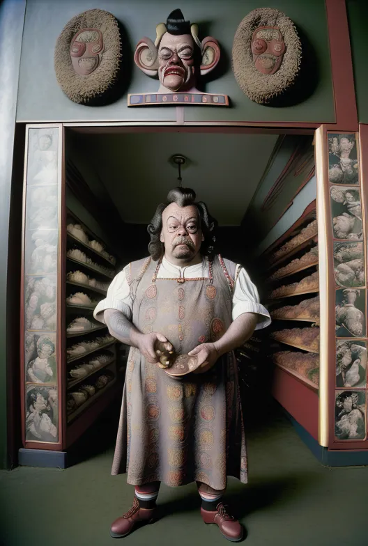 The image shows a baker in a bakery. He is wearing a white apron over a long gray shirt with black pants, red socks, and brown shoes. He has a plate with a bun on it in his hands. His hair is gray and he has a mustache. There are shelves of bread and other baked goods behind him. On the wall above him are two sculptures of heads with fur.