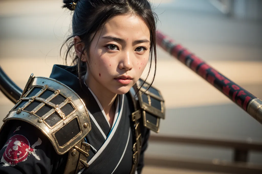 The image is a portrait of a young woman dressed as a samurai. She is wearing a black and white kimono with a red obi and has a katana in her hand. The woman has long black hair and brown eyes and is looking at the viewer with a serious expression. She has a few scratches on her face. She is standing in a bamboo forest.