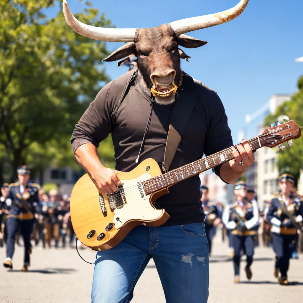 L'image montre une personne avec une tête de taureau jouant de la guitare. Elle porte un t-shirt noir, un jean bleu et une ceinture marron avec une boucle argentée. La tête de taureau est tournée vers la droite. L'arrière-plan est flou.