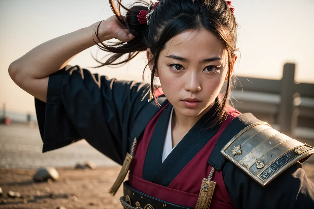 The image shows a young woman dressed in a samurai outfit. She is pulling her hair back into a ponytail with one hand while looking at the camera with a serious expression. She is wearing a black and red kimono with gold shoulder pads and has a sword in her belt. The background is blurred and looks like a battlefield.