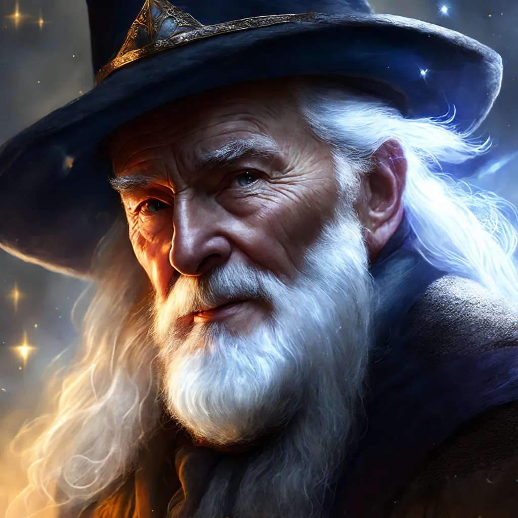 The image is a portrait of an old man with long white hair and a beard. He is wearing a blue hat with a wide brim and a gold band around it. He has a kind and gentle expression on his face. The background is a dark blue night sky with stars.