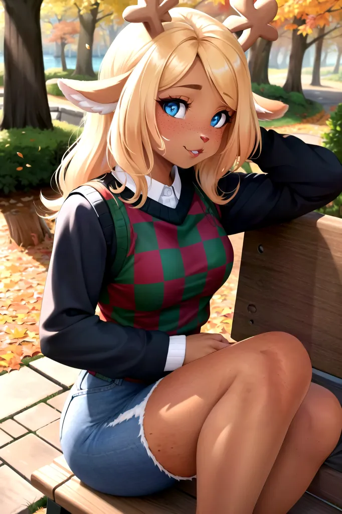 The image is of a beautiful young woman with long blonde hair and blue eyes. She has deer ears and antlers, and is wearing a plaid vest, white blouse, and short jean shorts. She is sitting on a park bench, with one hand resting on her leg and the other holding her chin. The background is a blurred park scene with trees and a path.