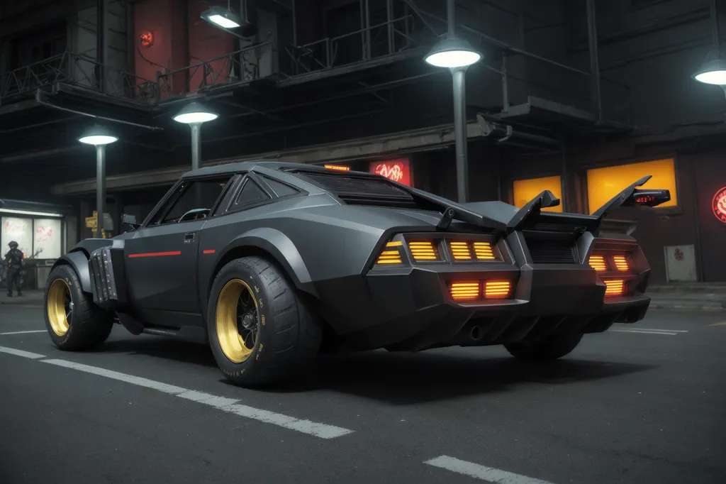 The image is a dark and futuristic car. It is black with yellow headlights and taillights. The car is also very wide and has a large spoiler on the back. The car is parked on a dark and empty street. There are no other cars or people in the image. The only light comes from the car's headlights and taillights. The image is very atmospheric and has a real sense of mystery.