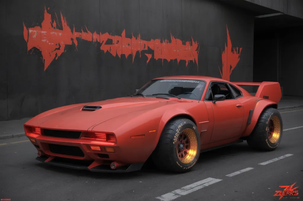 A imagem mostra um carro vermelho retrô-futurista estacionado em frente a uma parede de concreto com grafite. O carro tem um capô longo e um porta-malas curto. É muito largo e tem rodas grandes. O carro é pintado em uma cor vermelha brilhante e tem um interior preto. O carro está em ótimo estado de conservação e parece pronto para ser dirigido.