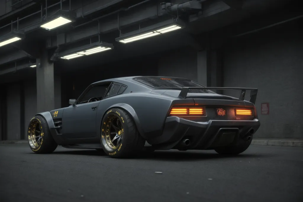 This is a 3D rendering of a car. The car is a gray Datsun 240Z with a wide body kit and a large rear spoiler. The car is sitting in a dark parking garage and is illuminated by the lights from above. The car has gold wheels and the taillights are glowing red.