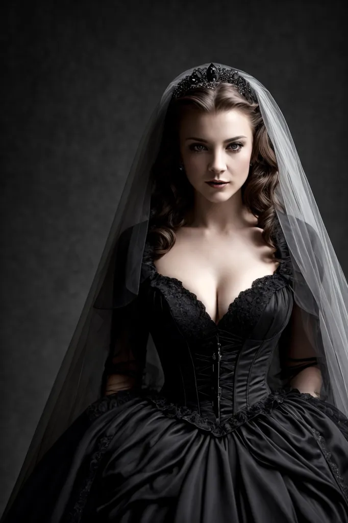 Esta es una imagen de una mujer que lleva un vestido de novia negro. El vestido tiene un escote de corazón y un corpiño ajustado. La falda es amplia y se abre desde las caderas. La mujer lleva un velo blanco largo y una tiara negra. Su cabello es oscuro y rizado, y tiene una tez pálida. La mujer está de pie frente a un fondo oscuro. Mira a la cámara con una expresión seria.