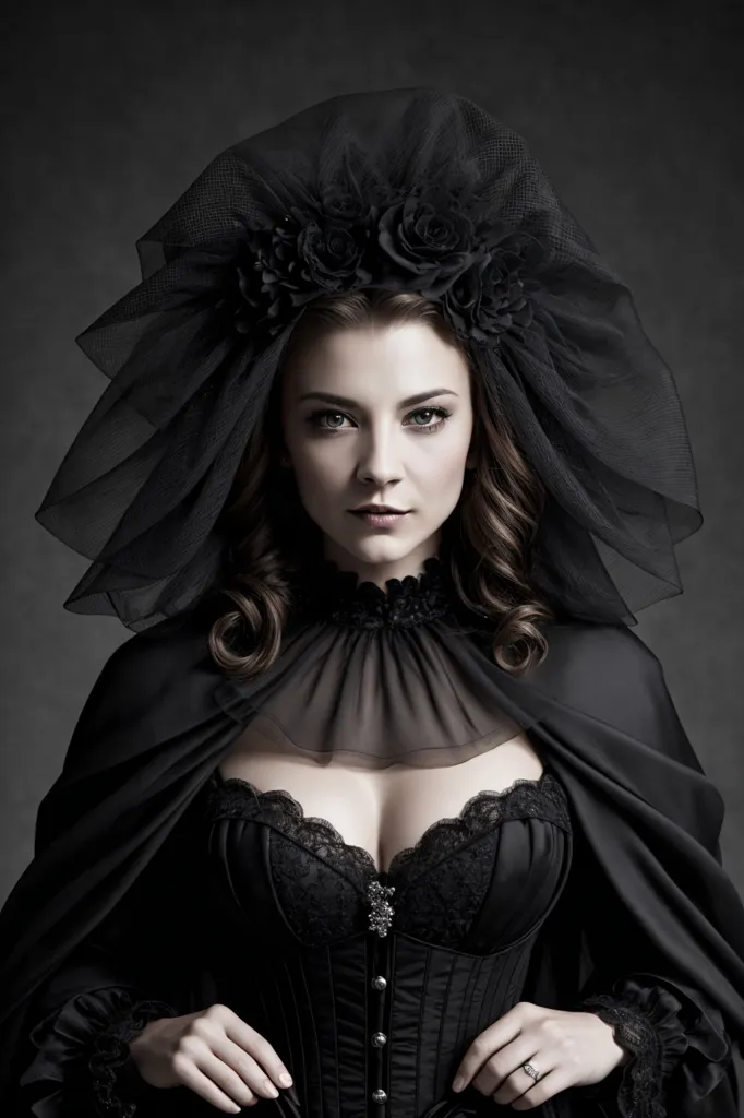 Cette image montre une jeune femme, probablement dans la vingtaine, aux longs cheveux bruns et à la peau pâle. Elle porte une robe en dentelle noire et en velours avec un décolleté en cœur et un voile noir avec des roses noires dans ses cheveux. La robe a un corsage ajusté et une jupe ample. Elle porte également un collier noir avec un pendentif camée. Son maquillage est sombre et dramatique, avec des yeux fumés et des lèvres pâles. Elle se tient devant un fond sombre, ce qui la rend encore plus mystérieuse et éthérée.