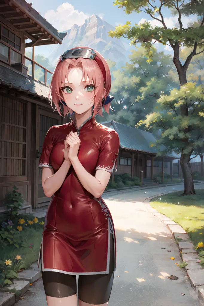 A imagem é de uma mulher jovem com cabelo rosa e olhos verdes. Ela está usando um vestido estilo cheongsam vermelho com um colarinho branco e leggings pretas. Ela também está usando uma faixa preta com uma placa de metal na frente. Ela está em pé em uma rua com uma casa tradicional japonesa ao fundo. O céu está azul e há algumas árvores e arbustos ao fundo.