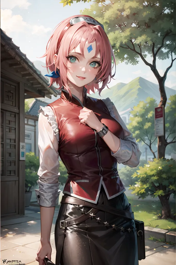 The image is of a young woman with pink hair and blue eyes. She is wearing a white blouse, a red vest, and a black skirt. She is also wearing a brown belt and a watch on her left wrist. She has a confident smile on her face and is standing in front of a traditional Japanese house.