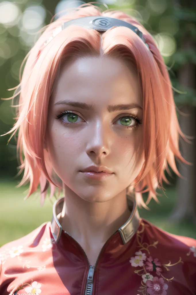 The image shows a young woman with pink hair and green eyes. She is wearing a pink jacket with a white collar and a white headband with a metal plate on it. The background is blurred, but it looks like she is standing in a forest. The woman's expression is serious and determined.