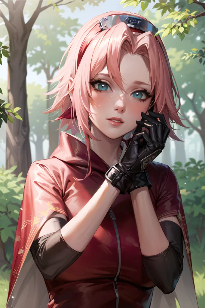 The image is a portrait of a young woman with pink hair and blue eyes. She is wearing a red and black outfit. The background is a blur of green leaves.