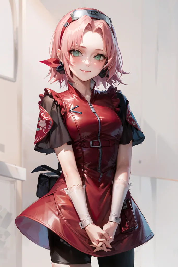 The image is of a young woman with pink hair and green eyes. She is wearing a red and black outfit with a white apron. She has a black bag on her right side and a kunai pouch on her left. She is standing in a room with a white wall behind her.