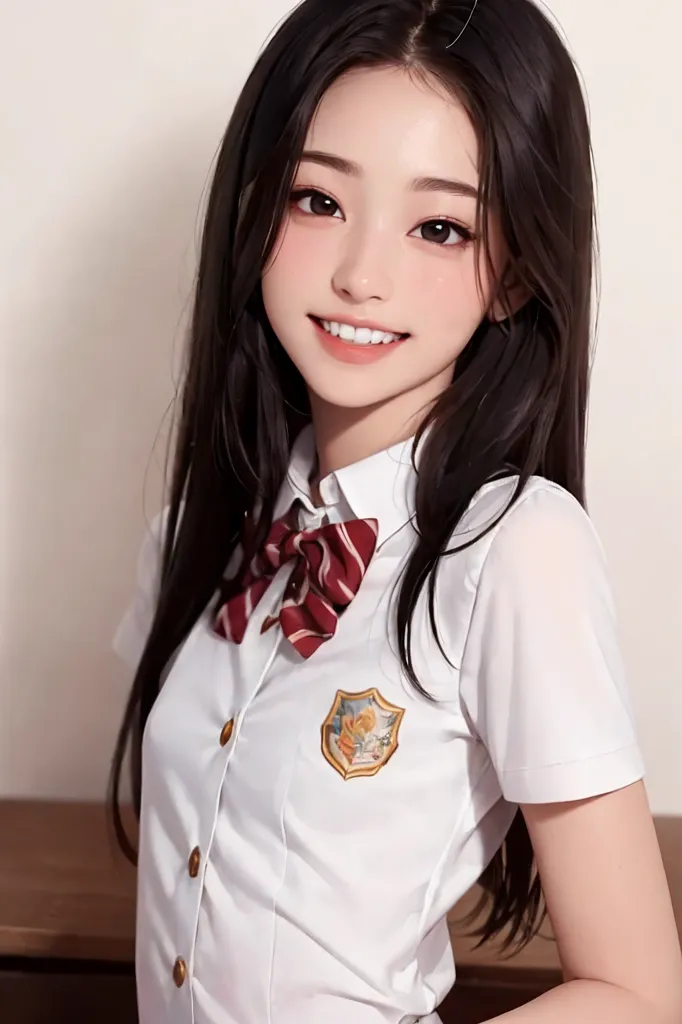 The image shows a young woman with long black hair and brown eyes. She is wearing a white blouse with a red and white striped bow tie. The blouse has a badge on it. She has a friendly smile on her face.