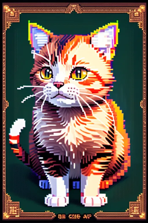 The image is a pixelated cat. The cat is sitting down and looking at the viewer. It has orange, white, and brown fur. The background is green. The image is surrounded by a black frame.