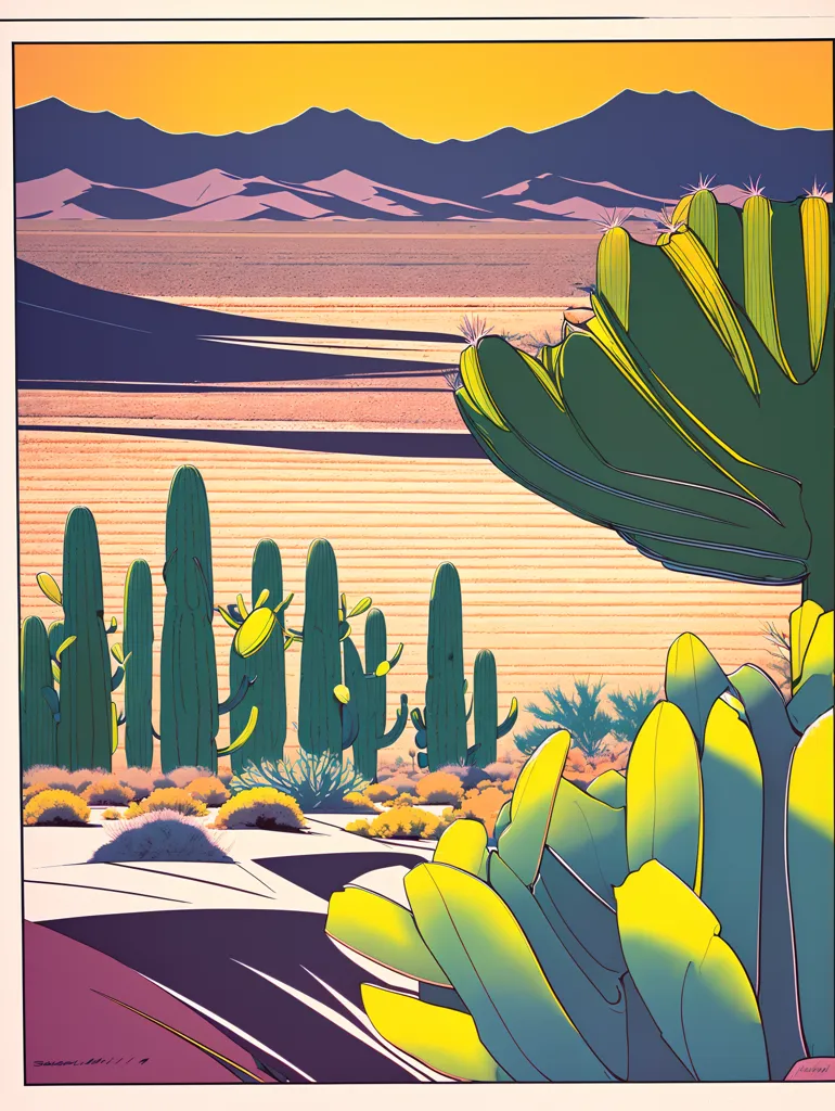 Ceci est une peinture numérique d'un paysage désertique. Il y a des cactus et d'autres plantes désertiques au premier plan, avec une chaîne de montagnes à l'arrière-plan. Les couleurs sont vives et saturées, et l'image a une allure rétro, presque psychédélique.