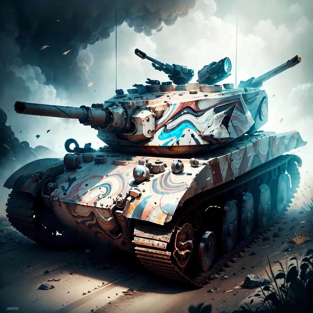 The image shows a futuristic tank. It has a blue and white camouflage paint job. The tank is surrounded by smoke. There are large rocks and fallen leaves on the ground around it. The sky is dark and cloudy.