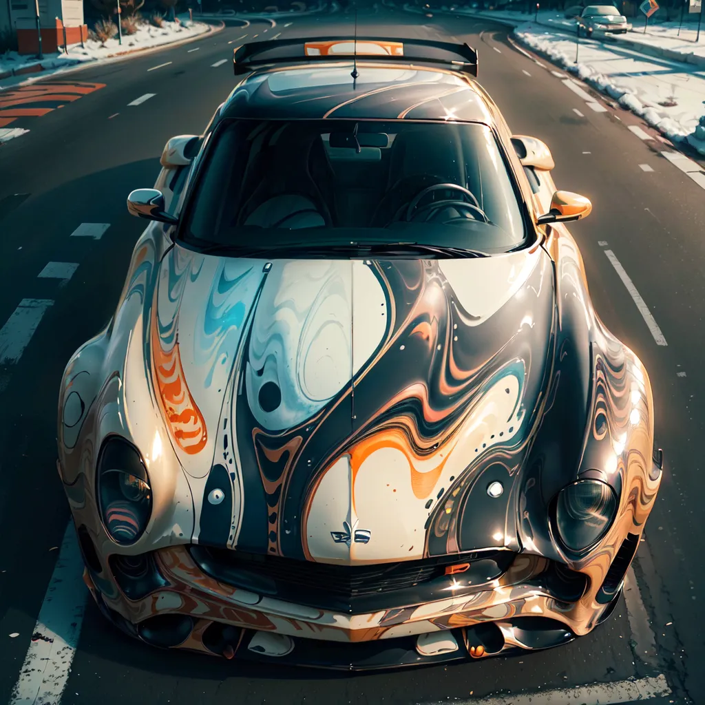 The image shows a white and gold luxury sports car with a black spoiler on the back. The car is parked on an asphalt road in the city. The car has a unique paint job that looks like a marble pattern. The car is very sleek and stylish.