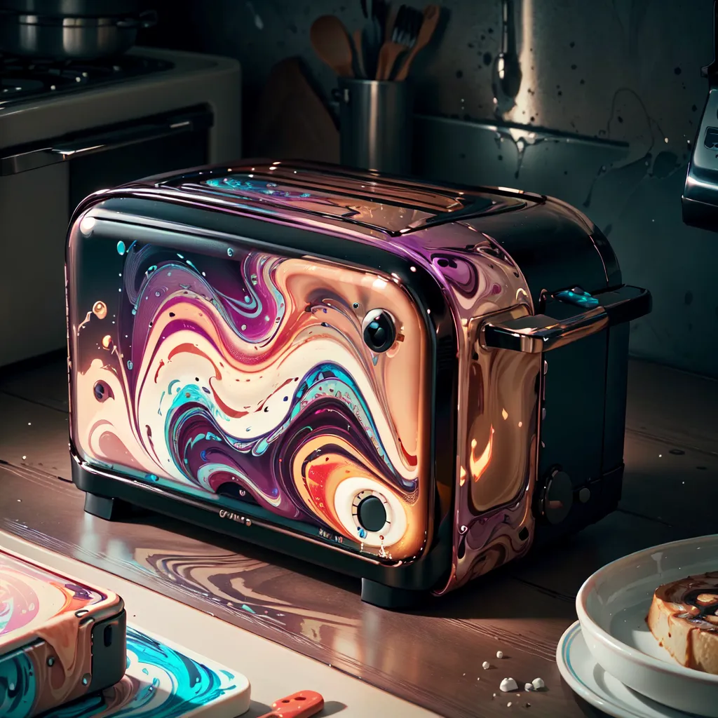 The image shows a toaster on a kitchen counter. The toaster is made of metal and has a shiny, reflective surface. The surface is decorated with a colorful pattern of swirls and waves. The toaster is sitting on a wooden table and there is a plate with a slice of toast on it next to it. In the background, there is a stove and a sink. The stove is made of metal and has a black cooktop. The sink is made of stainless steel and has a single faucet. The walls are painted white and there is a window above the sink.