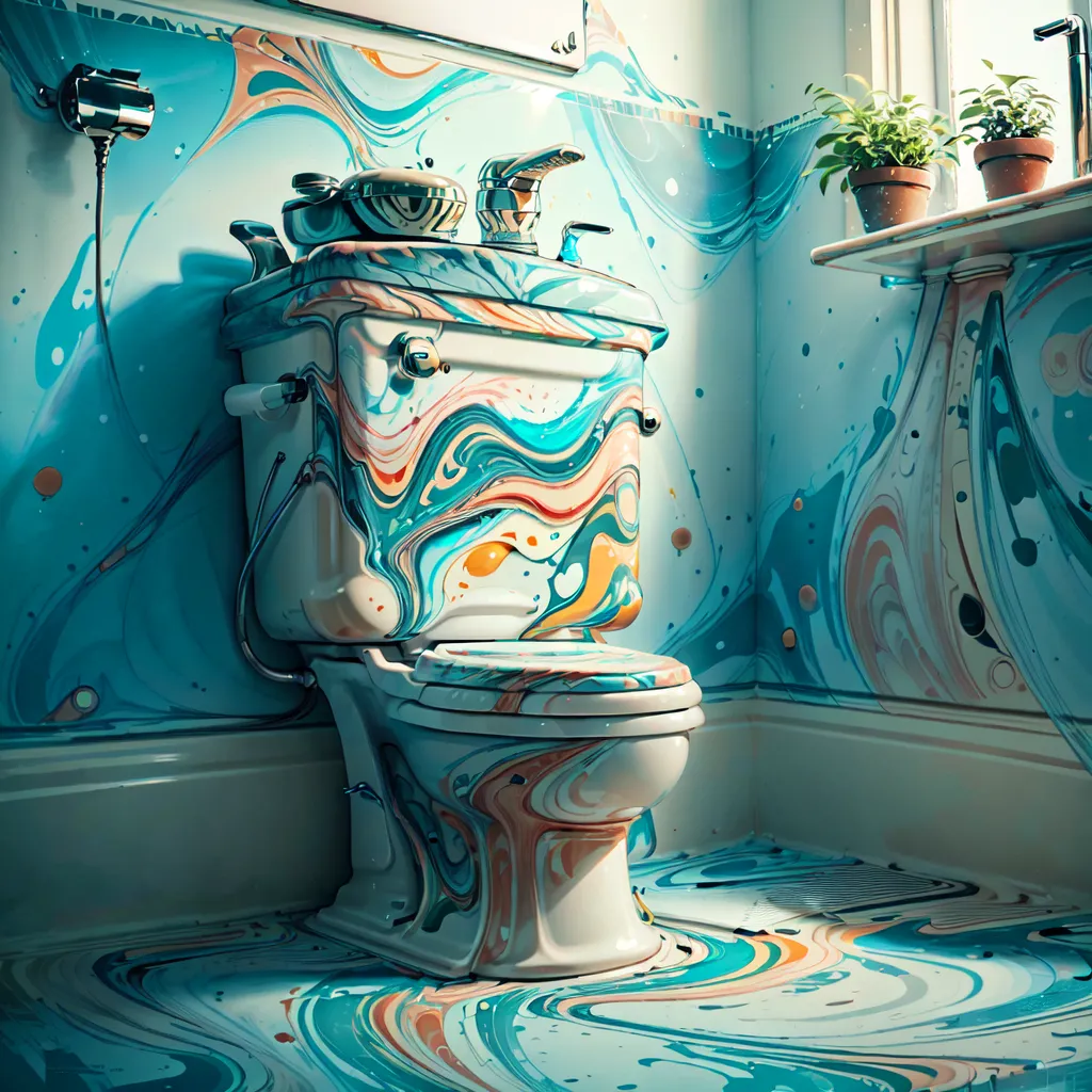 L'image représente une salle de bain avec des toilettes, un lavabo et une fenêtre. Les murs, le sol et les accessoires sont peints dans un motif de marbre bleu et blanc. Il y a une plante verte sur le rebord de la fenêtre. Les toilettes sont au premier plan et le lavabo est à gauche. La fenêtre est à droite. La salle de bain est petite et exiguë, mais elle est aussi très élégante.