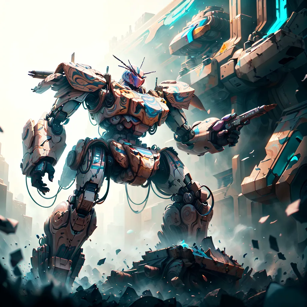 The image shows a large, yellow robot standing in a ruined city. The robot is armed with a gun and is surrounded by debris. There are several buildings in the background. The sky is light grey.