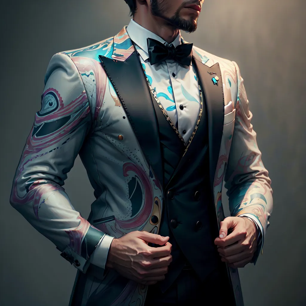 The image shows a man wearing a white tuxedo with a black lapel and a black bow tie. The tuxedo has a colorful pattern of blue, pink, and yellow. The man has his hands clasped in front of him. He is looking at the camera with a serious expression.