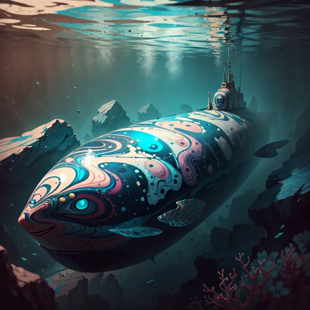 A imagem é uma pintura de um submarino. O submarino está em primeiro plano e é pintado em cores brilhantes. O fundo é um oceano azul escuro com rochas e corais. O submarino está cercado por um grupo de peixes. O submarino tem a forma de um peixe e tem um olho grande na frente. O submarino também está coberto de padrões coloridos.