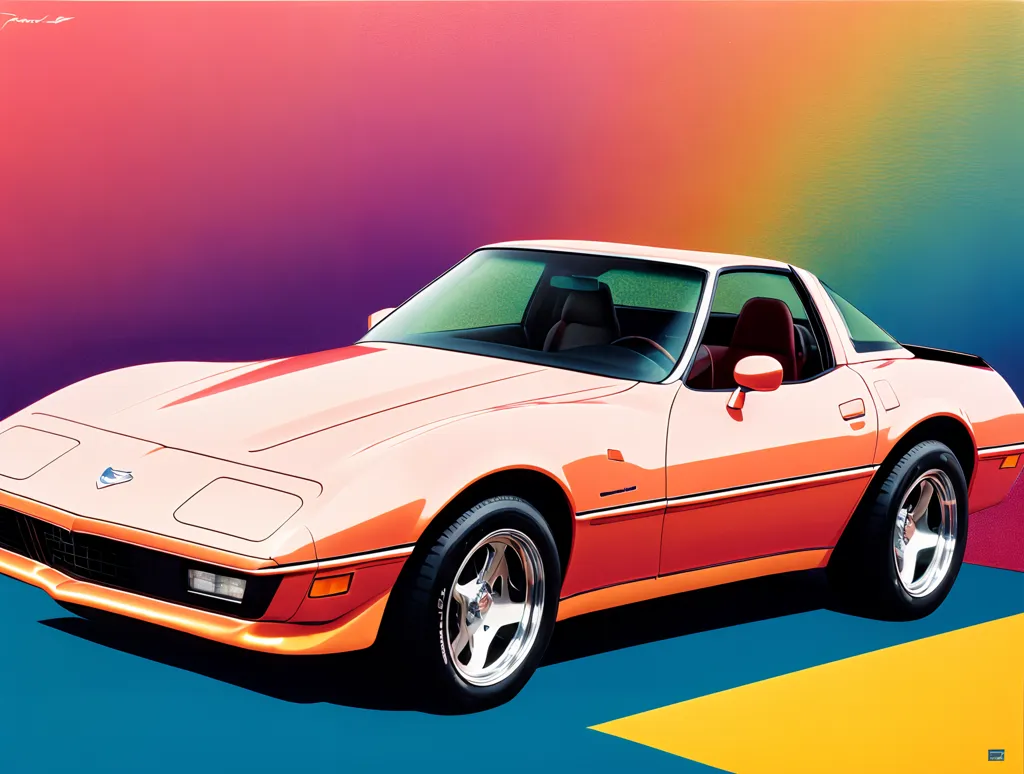 La imagen es una pintura de un Chevrolet Corvette C4 de color rosa y naranja. El coche está orientado hacia la izquierda del espectador. El fondo es un arcoíris de varios colores, incluyendo rosa, azul, naranja y amarillo. El coche está sobre una superficie azul y amarilla. La pintura tiene un aspecto muy característico de los años 80.